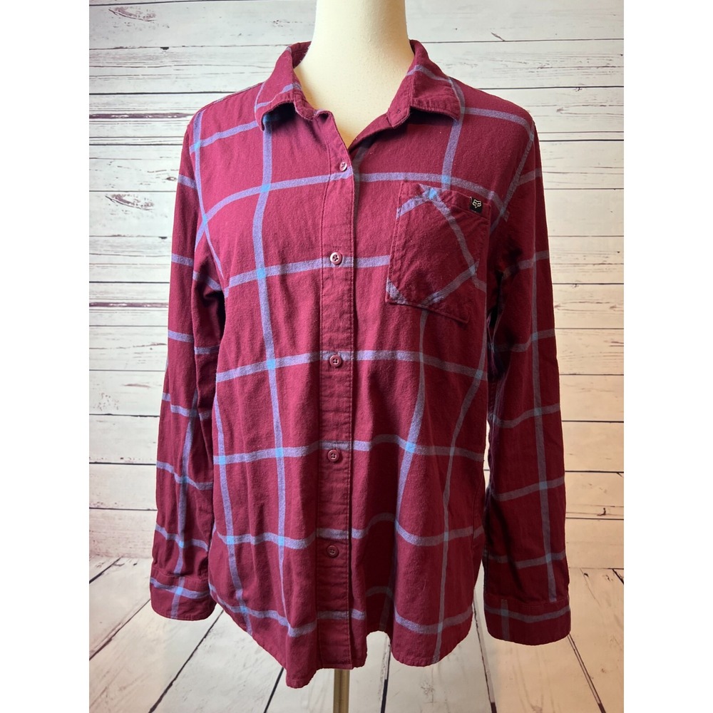 Fox Racing Flannel Shirt Large Plum Blue Plaid Long Sleeve Button Up Womens